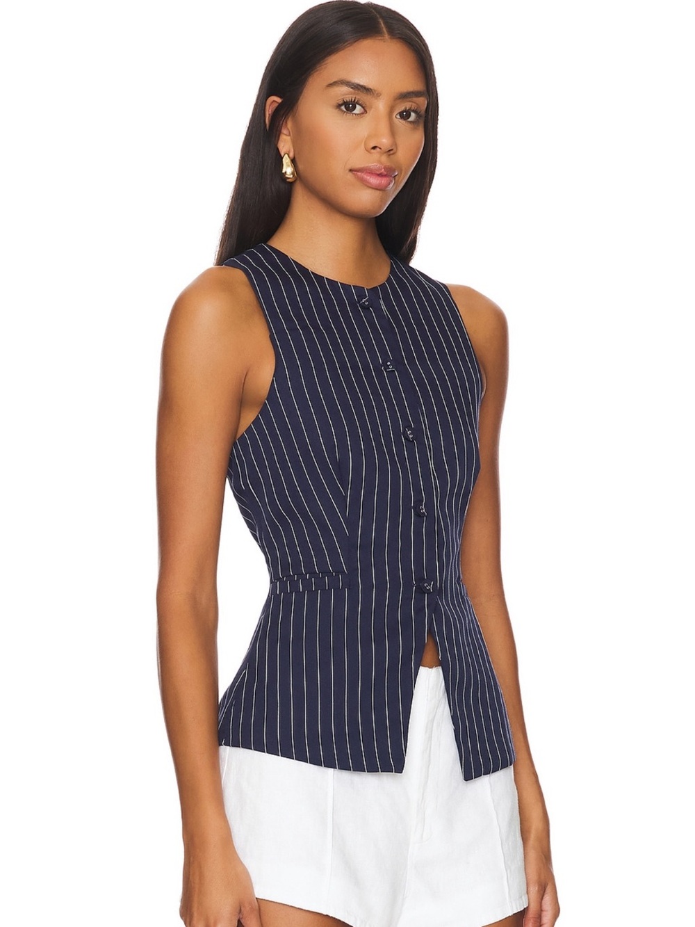 Sleeveless Navy Pinstripe Button-Front Top